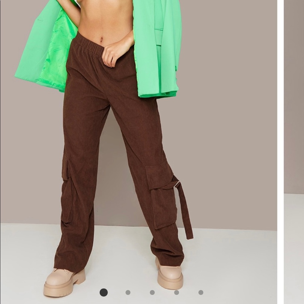 Brown corduroy elasticated waist pocket detail wide leg pants